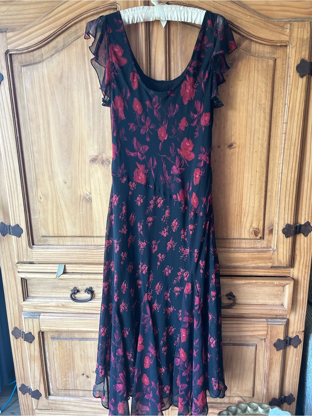 Vintage Dark Fairycore Whimsigoth Flutter Bias Cut Flowy Beaded Rose Maxi Dress